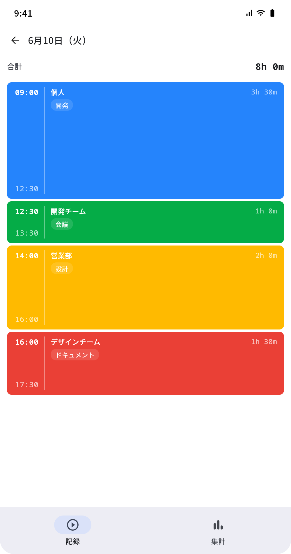 タイムカードの日別詳細 モバイル画面